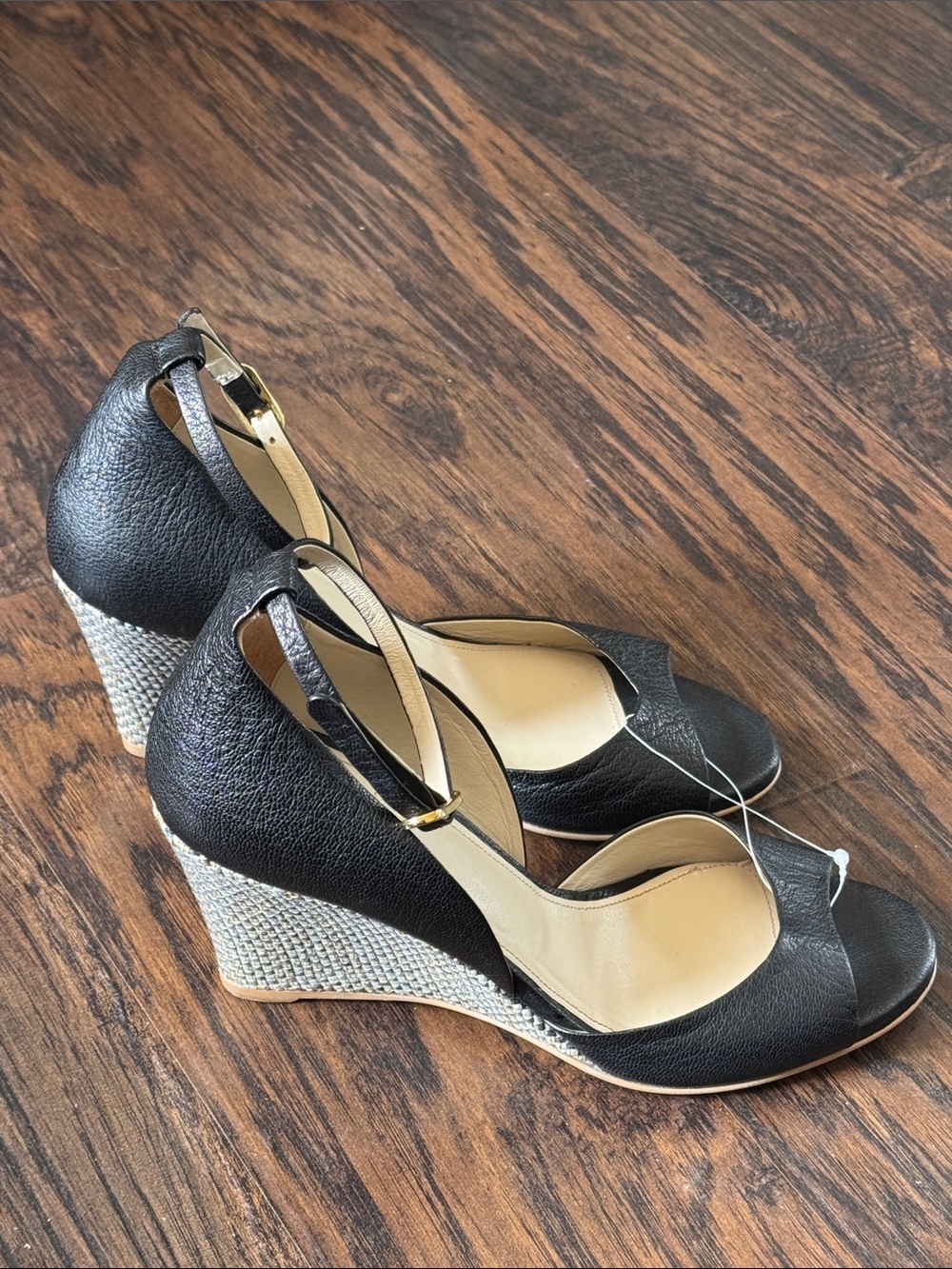 Bruno Magli Black Leather Peep-Toe Wedge Sandals with Raffia-Wrapped Heel